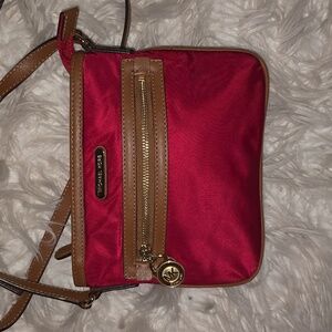 Michael Kors Red Nylon Crossbody with Tan Trim and Gold Accent